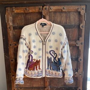 Icelandic design, cats, print knit lined cotton cardigan sweater, vintagr